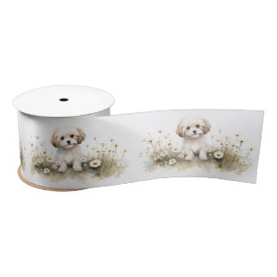 Watercolor Poodle In Daisies Satin Ribbon
