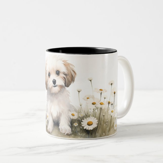 Watercolor Poodle In Daisies Two-Tone Coffee Mug (Front Right)