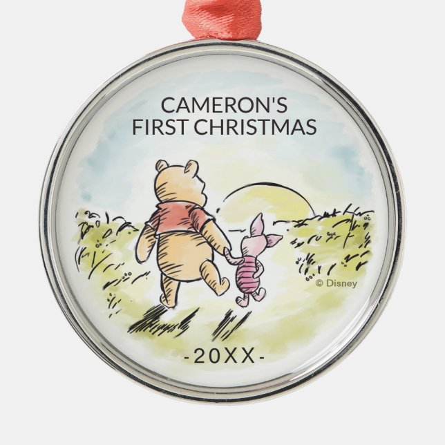 Watercolor Pooh & Piglet | Baby's First Cristmas Metal Ornament (Front)