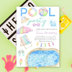 Watercolor Pool Party Birthday Invitation