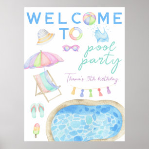 Watercolor Pool Party Birthday Welcome Poster