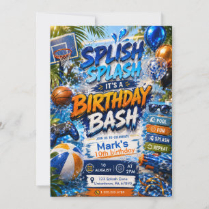 Watercolor Pool Party Splash Boy Birthday Bash Invitation