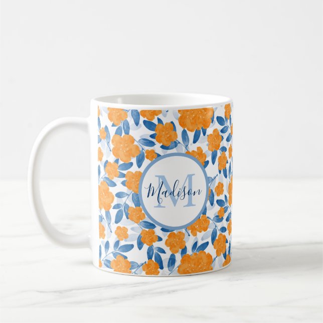 Watercolor Poppies and Leaves Pattern Coffee Mug (Left)