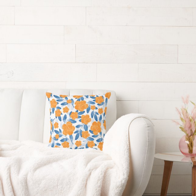 Watercolor Poppies and Leaves Pattern  Throw Pillow (Couch)