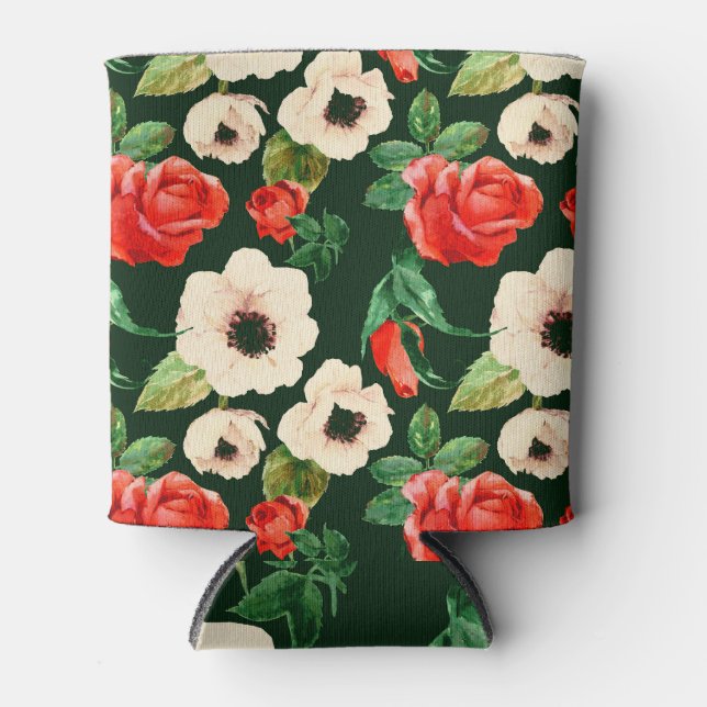 Watercolor Poppies and Roses: Floral Pattern. Can Cooler (Front)