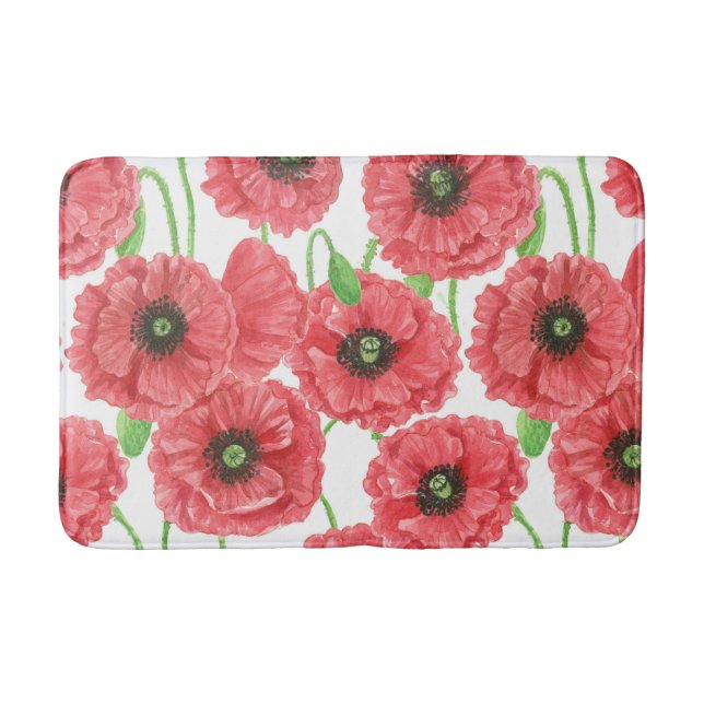 Watercolor poppies floral pattern bath mat (Front)