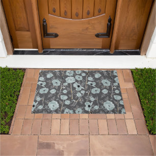 Watercolor Poppies Floral Pattern Blue Grey Black Doormat