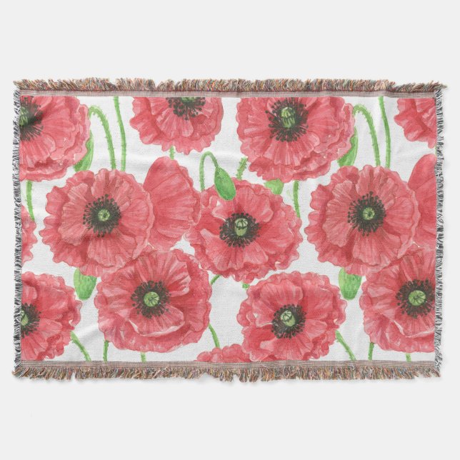 Watercolor poppies floral pattern throw blanket (Front)