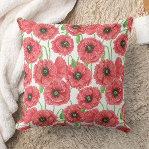 Watercolor poppies floral pattern throw pillow