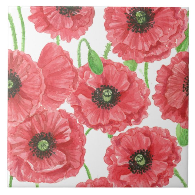 Watercolor poppies floral pattern tile (Front)