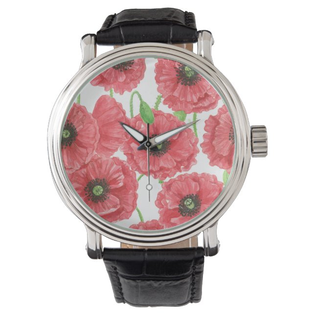 Watercolor poppies floral pattern watch (Front)