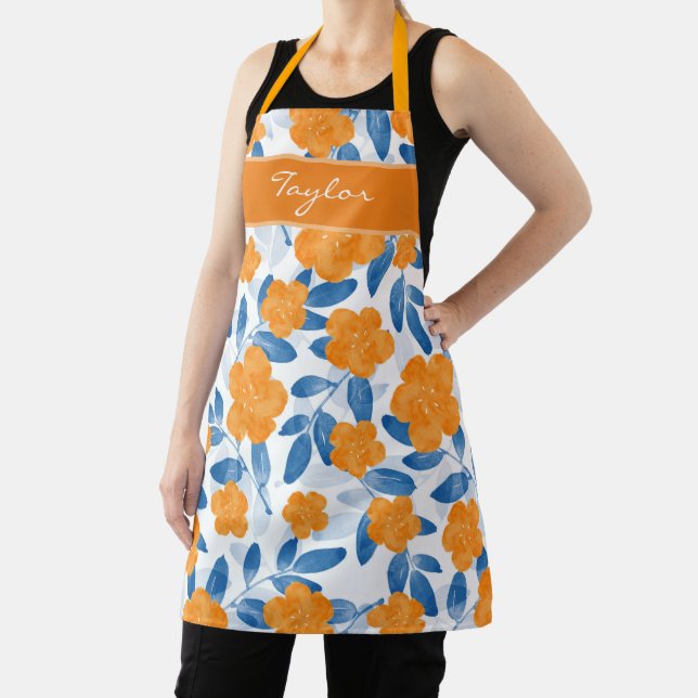 Watercolor Poppies & Leaves Pattern Apron (Insitu)