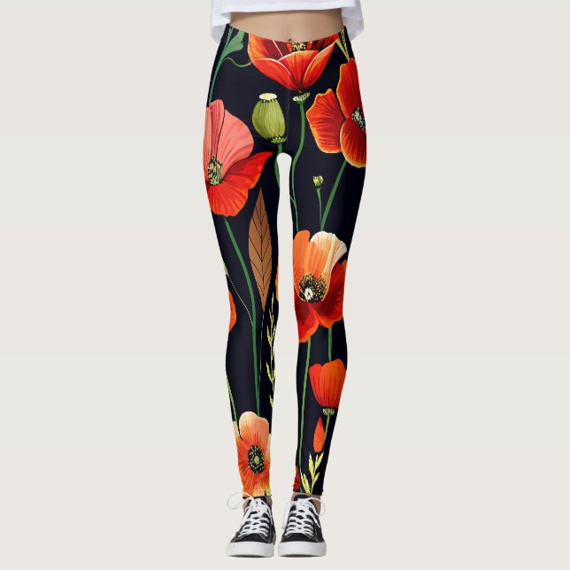 Watercolor Poppies on Black Leggings (Front)