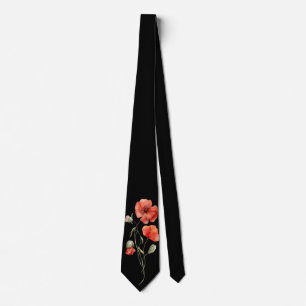 Watercolor Poppies on Black  Tie