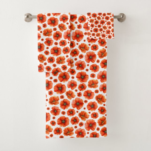 Watercolor Poppies Pattern Bath Towel Set (Insitu)
