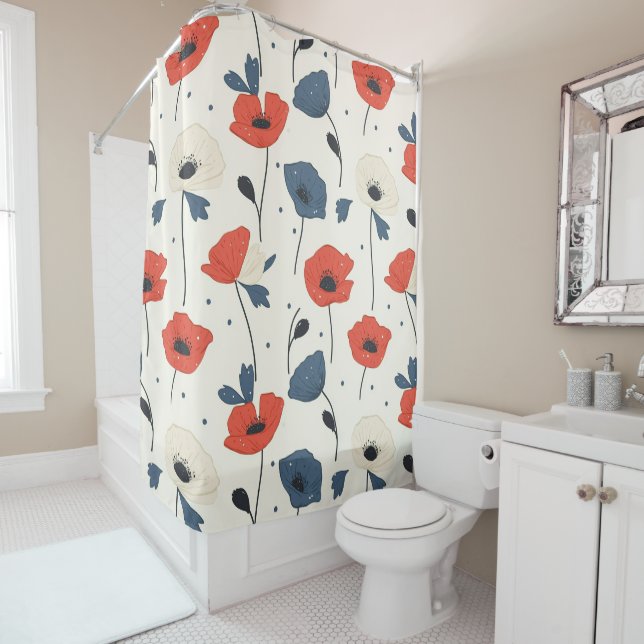 Watercolor Poppies Pattern – Red, Blue & White (In Situ)