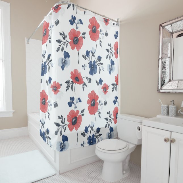 Watercolor Poppies Pattern – Red, Blue & White (2) (In Situ)