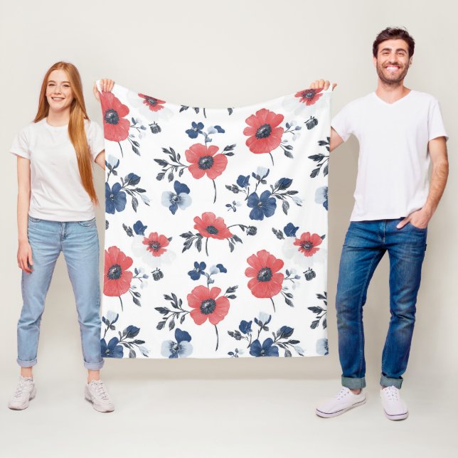 Watercolor Poppies Pattern – Red, Blue & White (2) Fleece Blanket (In Situ)