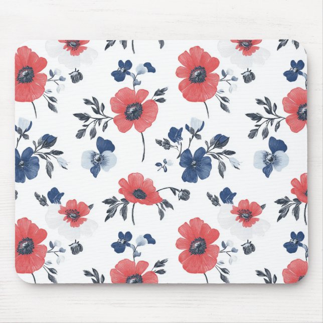 Watercolor Poppies Pattern – Red, Blue & White (2) Mouse Pad (Front)