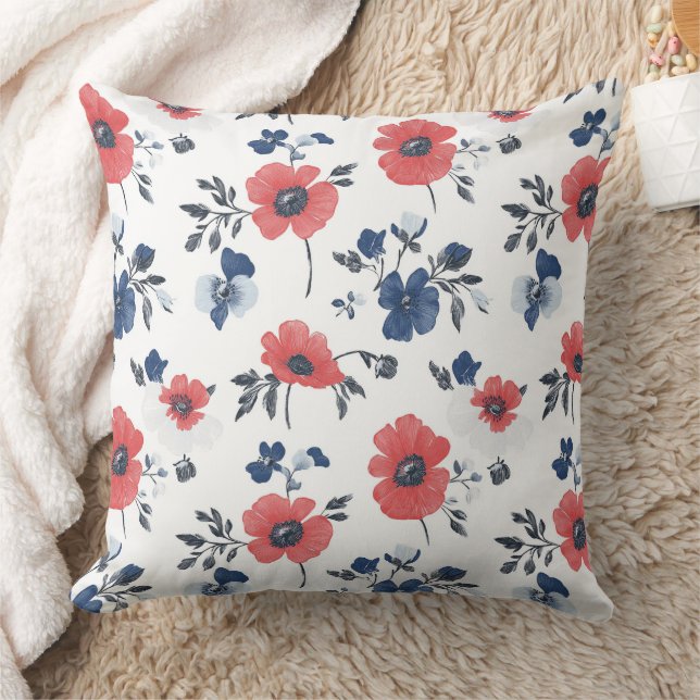Watercolor Poppies Pattern – Red, Blue & White (2) Throw Pillow (Blanket)