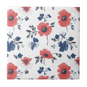 Watercolor Poppies Pattern – Red, Blue & White (2) Tile