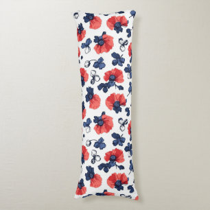 Watercolor Poppies Pattern – Red, Blue & White (3) Body Pillow