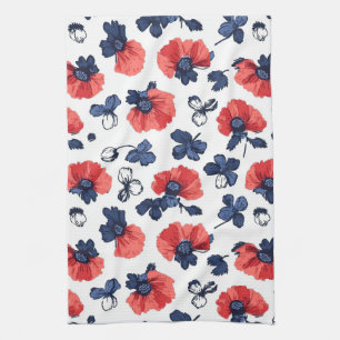 Watercolor Poppies Pattern – Red, Blue & White (3) Kitchen Towel