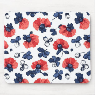Watercolor Poppies Pattern – Red, Blue & White (3) Mouse Pad
