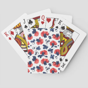 Watercolor Poppies Pattern – Red, Blue & White (3) Playing Cards