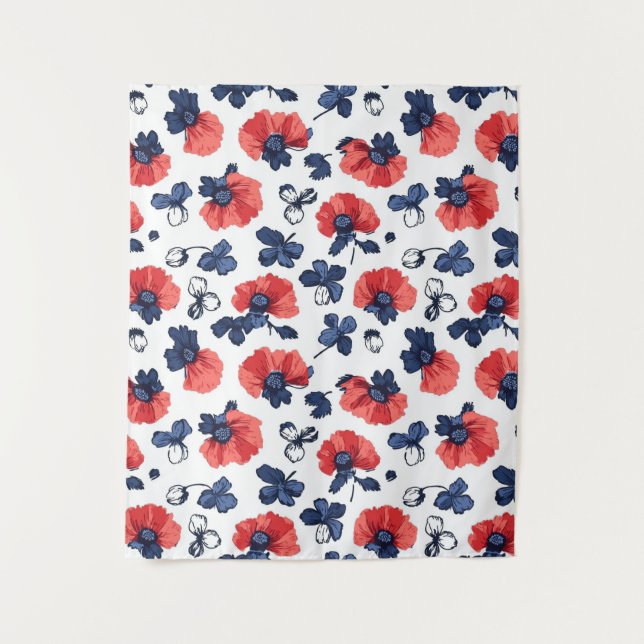 Watercolor Poppies Pattern – Red, Blue & White (3) Tapestry (Front)