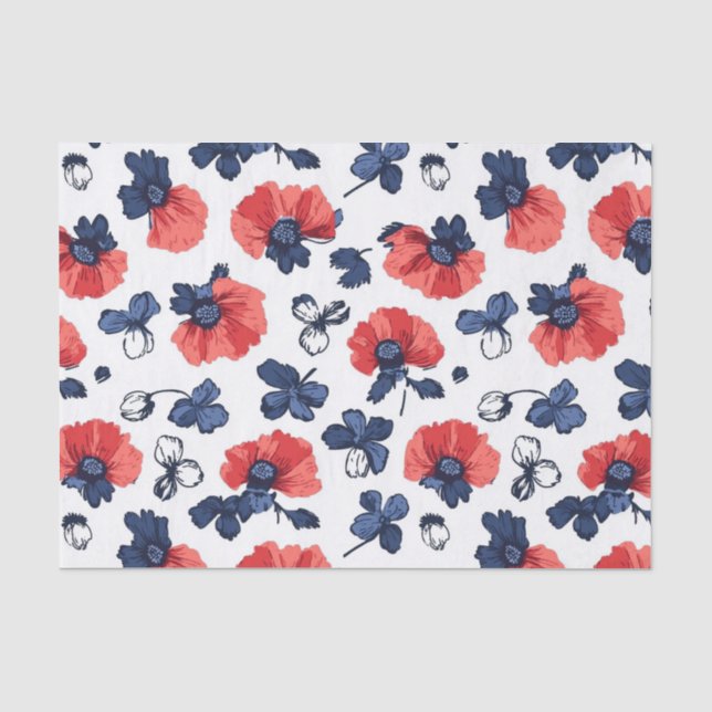Watercolor Poppies Pattern – Red, Blue & White (3) Tissue Paper (Front)