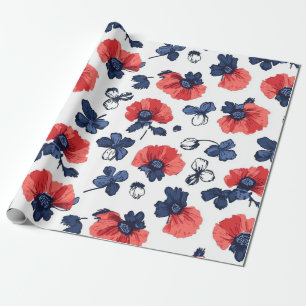 Watercolor Poppies Pattern – Red, Blue & White (3) Wrapping Paper