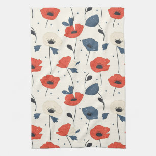 Watercolor Poppies Pattern – Red, Blue & White Kitchen Towel