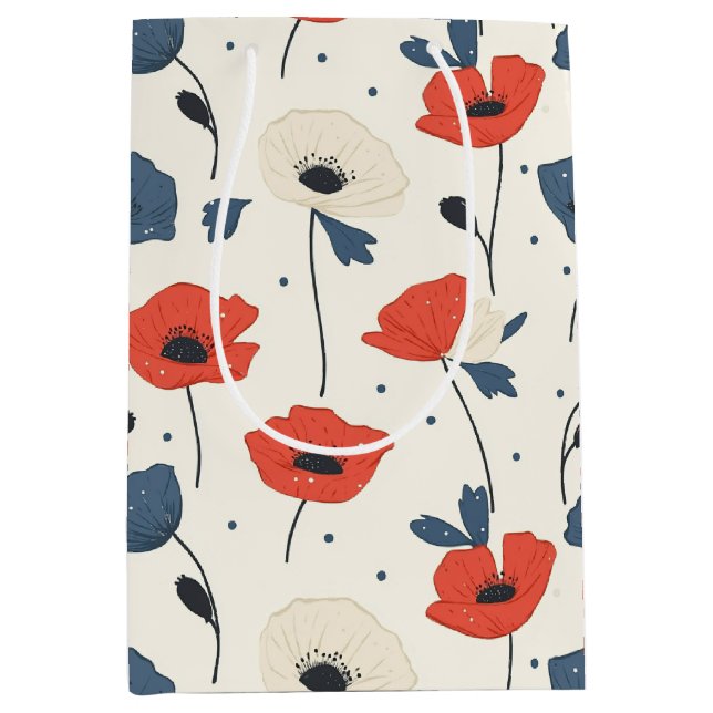 Watercolor Poppies Pattern – Red, Blue & White Medium Gift Bag (Front)