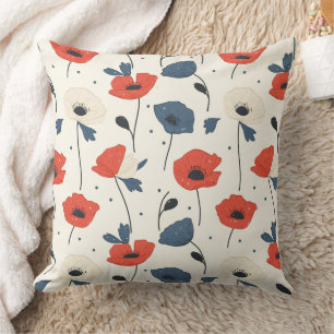 Watercolor Poppies Pattern – Red, Blue & White Throw Pillow