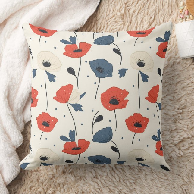 Watercolor Poppies Pattern – Red, Blue & White Throw Pillow (Blanket)