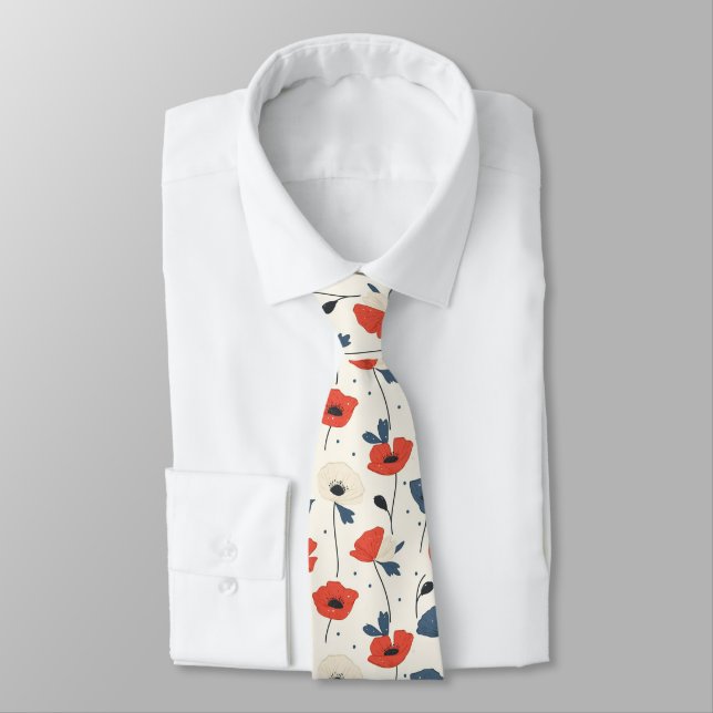 Watercolor Poppies Pattern – Red, Blue & White Tie (Tied)