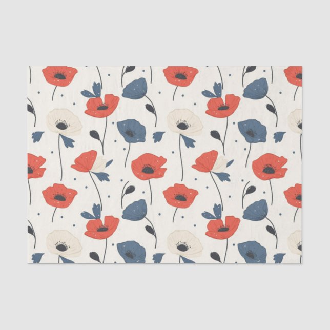Watercolor Poppies Pattern – Red, Blue & White Tissue Paper (Front)