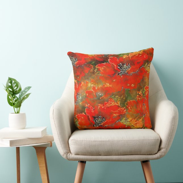 Watercolor Poppies Reddish-Orange Throw Pillow (Chair)
