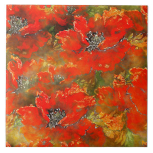 Watercolor Poppies Reddish-Orange Tile