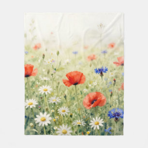Watercolor Poppy Daisy Cornflower Meadow Pattern Fleece Blanket