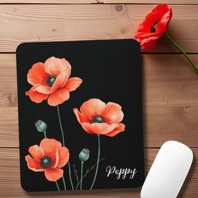 Watercolor Poppy Flower Art Name Floral Mouse Pad (Pop your name on this pretty poppy mouse pad)