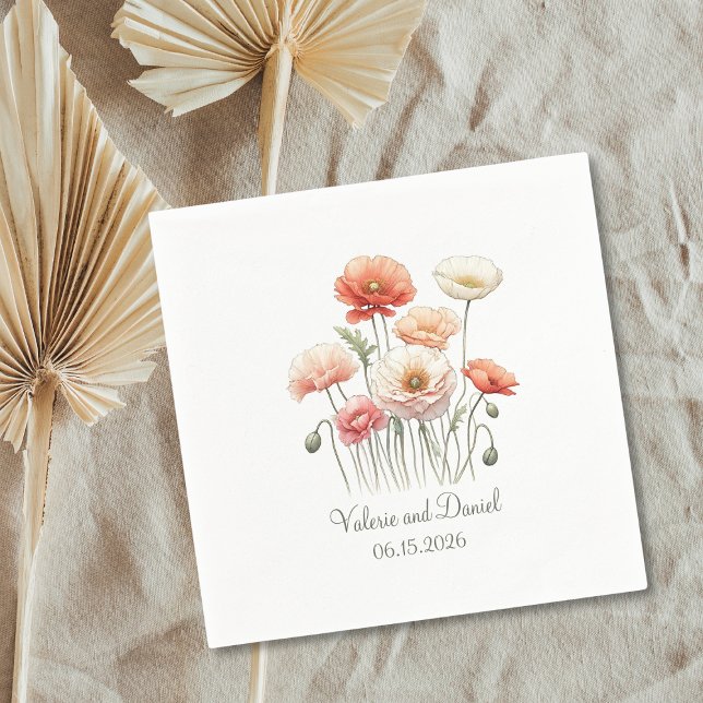 Watercolor Poppy Flowers Boho Wedding Cocktail Napkin (Creator Uploaded)