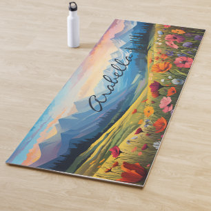 Watercolor Poppy Flowers Field Mountains Yoga Mat