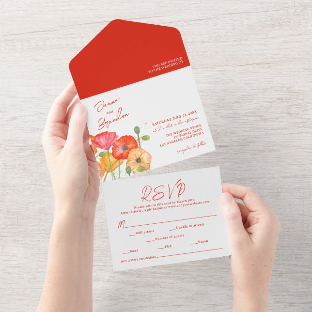 Watercolor Poppy Red Flowers Wedding All In One Invitation (Tearaway)