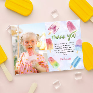 Watercolor Popsicle Birthday Photo Thank You Card