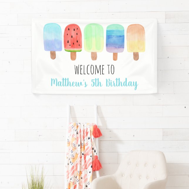 Watercolor Popsicle Blue Boy Birthday Banner (Insitu)