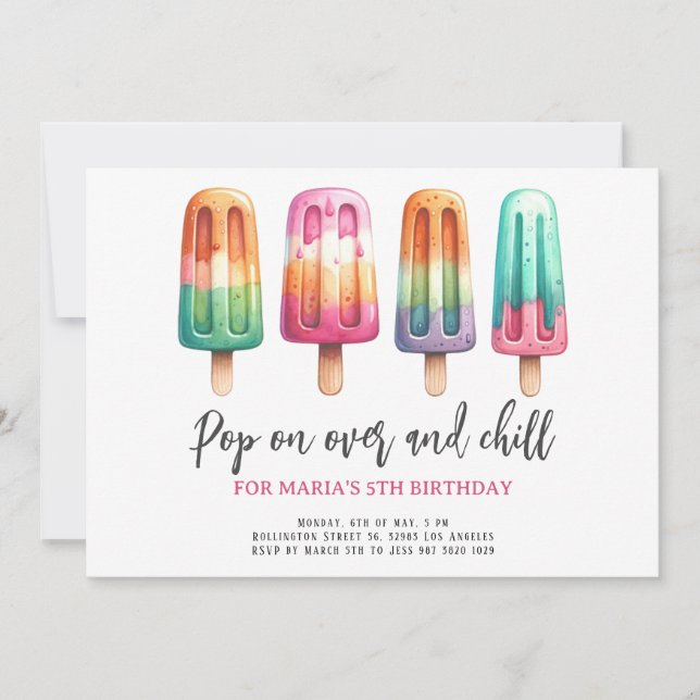 Watercolor Popsicle Ice Cream Kids Birthday Party Invitation (Front)