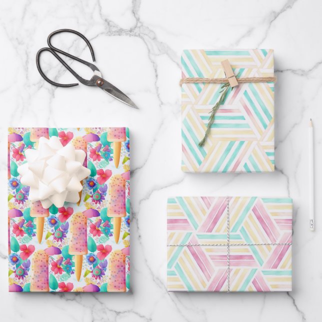 Watercolor popsicle. Ice cream Summer party  Wrapping Paper Sheet (Front)
