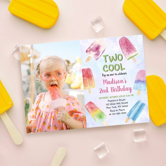 Watercolor Popsicle Party Two Cool 2nd Birthday Invitation (Creator Uploaded)